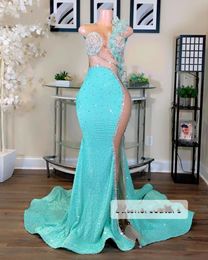 Sexy Mint Green Prom Dresses For Black Girls Sequin Backless Mermaid Party Gowns Sheer Neck Evening Dress Vestidos De Gala 2024
