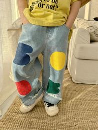 Trousers 2024 Spring Children Loose Jeans Baby Girl Colour Printing Casual Pants Toddler Boy Harem Kids Versatile Denim