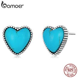 Ohrringe BAMOER Echtes 925 Sterling Silber Herz Türkis Ohrstecker für Frauen Blaue Liebe Ohrstecker Koreanische Ohren Feiner Schmuck Geschenk