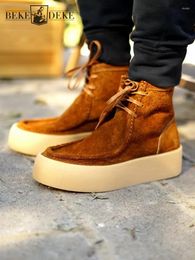 Boots Vintage Men Thick Platform High Top Real Cow Suede Leather Ankle Height Increasing Lace Up Work Shoes Casual Outside