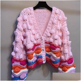 Womens Knits Tees Cardigan Sweater Rainbow Colour Lazy V-Neck Thick Stick Needle Hand-Woven Three-Nsional Hook Flower Knit 240219 Drop Dhzq8