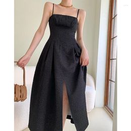 Casual Dresses Texture Jacquard Vintage Black Spaghetti Strap Square Collar A-Line Ankle-Length Women X078