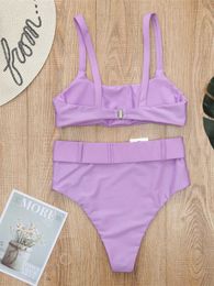 Women's Swimwear High waisted bikini solid purple high leg rhinestone with luxurious swimsuit sexy swimsuit push two piece swimsuit J0330