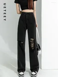 Women's Jeans UETEEY Black High Waisted Wide Leg Baggy Pants Trousers Y2k Fashion 2024 Boyfriend Loose Hole Denim Straight