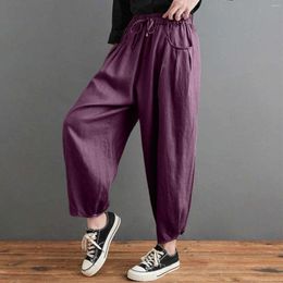Women's Pants 2024 Summer Vintage Solid Retro Lace Up Elastic Waist Slimming Loose Baggy Lantern Female Linen Trousers