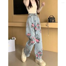 Women's Jeans Vintage Hong Kong Style Rose Print For Women Design Sense Summer High Waisted Loose Pants Casual Straight Wide-leg Trouse