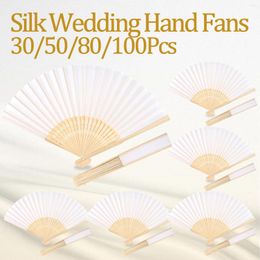 Decorative Figurines 30/50/80/100Pcs Wedding Hand Fans Silk Folded Handheld For Guests Bridal Shower Dancing Party Favor Decoration