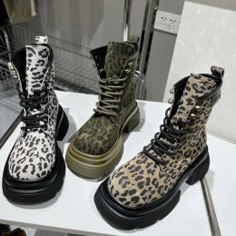 Boots New Leopard Print Women's Boots Platform Boots High Top Lace Up Motorcycle Boots Fashion Gothic Shoes Thick Sole Durable