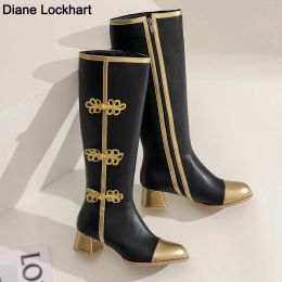 Boots Big Size Fashion Knee High Boots Women Coss Play Shoes Autumn Winter Women's High Boots Black White Gold Chinese Knot Shoes