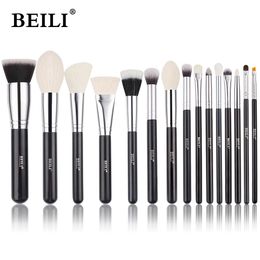 BEILI 15pcs Black Premium Goat Hair Makeup Brush Set Big Powder Foundation Blush Eyeshadow Contour Liner Make Up Brushes Tools 240314