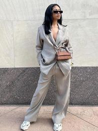 Casual Women Solid loose Blazer Set elegant Lady Lapel Lace Up Long Sleeve Wide Leg Pants Suit Office Commuting Outfit 240326