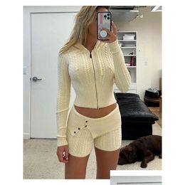 Mens Socks Womens Tracksuits Taruxy Knitted High Waist Short Sets For Women Slim Long Sleeve Crop Hoodies Y Bodycon Tracksuit Woman Tw Dh53F