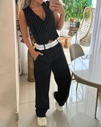 Women's Two Piece Pants Set Women Outfit 2024 Summer Fashion Striped Buttoned V-Neck Vest Top & Casual Pocket Design Daily Long