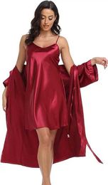 61BI Sexy Pyjamas Womens Silk Satin Pyjamas 2Pcs Sexy Silky Pj Robe Set with Chemise Nightgown 2404101