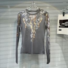 Women's T Shirts PREPOMP 2024 Spring Arrival Long Sleeve Round Neck Floral Print Grey Mesh Slim Shirt Women GP680