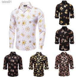 Men's Plus Tees Polos Hi-Tie Mens Shirts Christmas White Gold Silk Long Sleeve Lapel Shirt Spring Autumn Slim Blouse for Male Business Party Designer yq240401