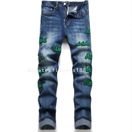 Men's Jeans New Fashion Blue Jeans Ripped Letter Embroidered Stretch Mid-Rise Small Feet Men's Jeans Belt For Jeans Belts For Men Jeans Big And Tall Jeans