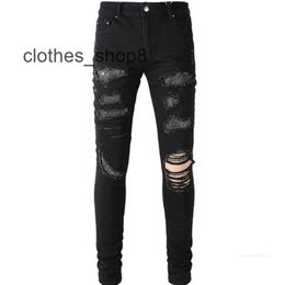 Denim Amiirs Jeans Designer Pants Man Fall Season Trendy Worn-out Wash Black Hot Drill Patch Stretch Slim Amr Leg PGUD