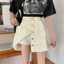 SingleBreasted Liner Denim Skirt Women Chic Design Summer High Waist Mini Skirts Korean Fashion Oversize 5XL Beige Jean Faldas 240401