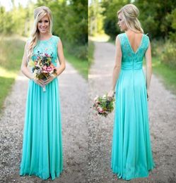 2017 New Arrival Chiffon Turquoise Lace Bridesmaid Dresses Scoop Neckline Floor Length Backless Long Bridesmaid Dresses Gowns Cous1768682