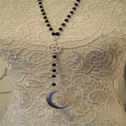 Pendant Necklaces Gothic Crescent And Pentagram Long Necklace Spirit Moon Bead Black Jewelry Pagan Witchcraft Worship