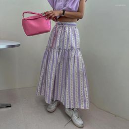 Skirts High Waist Drawstring Floral Print Loose Mid-length Skirt Women 2024 Summer Korean Pleated Fashion All Match A-line