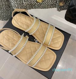 Designer -2024 shoes rhombic pearl embellished double strap slippers