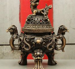 Decorative Figurines 19" Exquisite China Buddhism Pure Bronze Dragon Lion Statue Incense Burner Censer 47CM