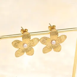 Stud Earrings Stainless Steel Flower Pearl Designer For Women Luxury Accessories Piercing Vintage Jewellery Fashion Unique