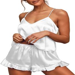 5WL4 Sexy Pyjamas WomenS Sexy Silk Satin Ruffled Pajamas Sets 2 Pieces Shorts Sets Sleepwear Satin Pajamas Shorts Set Nightwear Pajamas Suit 2404101