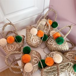 Children colorful plush pompons applique handbags 2024 Summer girls grass woven vegetable Basket kids beach holiday bag Z7446