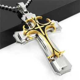 Pendant Necklaces Titanium Steel Three Layer Cross Pendant Mens Retro Religious Faith Necklace Jewelry Mothers Day Memorial Gift 2022 Trend 240330