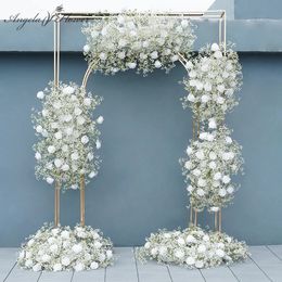 Luxury White Rose Babysbreath Artificial Flower Row Wedding Backdrop Arch Decor Hang Floral Arrangement Event Party Po Props 240328