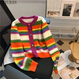 Rainbow Striped Sweater Women Autumn Korean Style O Neck Long Sleeve Heart Buttons Cropped Cardigan Knitted Coat Tops Jumper 240320