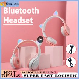 Headphone/Headset New Flash Light Cute Cat Ears Wireless Headphone With Mic Control LED Kid Girl Stereo Music Helmet Phone Bluetooth Headset Gift