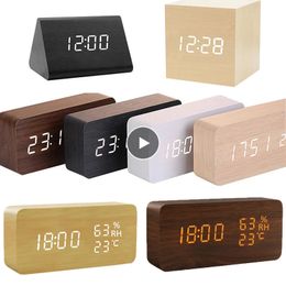 USB/AAA Clocks LED Wooden Alarm Clock Watch Table Voice Control Digital Wood Despertador Electronic Desktop Table Decor 240318