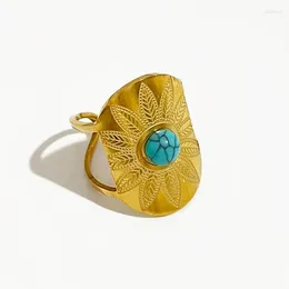 Cluster Rings Peri'sBox Stainless Steel Chunk Flower Leaves Wide Ring Women Turquoise Stone Open Adjustable Bague Acier Inoxydable