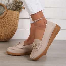 Shoes Leather Bow Flat Women'S Tennis Shoes Sneakers Easy On Off Shoes Solid Colour Breathable Hollow Shallow Cut Shoe Outdoor Flats