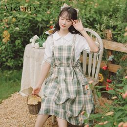 Casual Dresses French Art Chequered Daisy Overalls For Women Spring Academic Style Sweet Girls Loose Causal Mid Length Green Dress