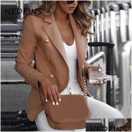 Womens Suits Blazers Nedeins Women Jacket Double Breasted Blazer Autumn Casual Long Sleeve Slim Fit Jacketes Solid Colour Plus Size Coa Dh0Qc