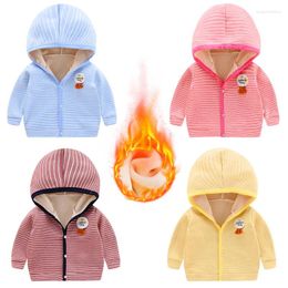 Down Coat Baby Autumn Winter Coats Toddler Lining Velvet Clothes Boys Girls Striped Printed Hooded Overcoats Kids Casual Jacket C0028