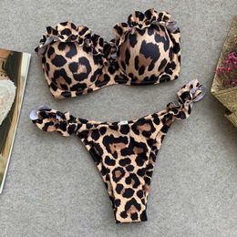 Women's Swimwear Sexy pleated strapless bikini set with leopard print womens swimsuit two-piece Biquini push ups Bandeau womens swimsuit J240330