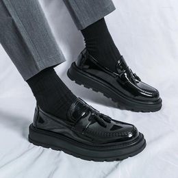 Dress Shoes Fashion Thick Bottom Men's Business Patent Leather Slip-on Tassel Student Office Loafers Black Kerae