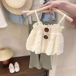 Clothing Sets Fashion Kids Baby Girls Summer Clothes Outfits Sleeveless Tie-up Bubble Tanks Tops Rbbed Flare Pants Toddler Holiday