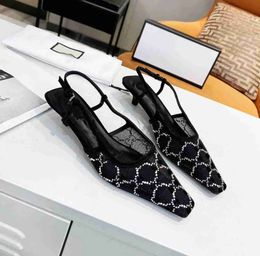 designer Dress Shoes Lace up shallow cut shoes Slingback Sandals Mid Heel Black mesh with crystals sparkling Print Rubber Leather summer Ankle Strap Slippers 88