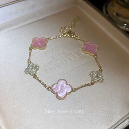 Vans Cherry Blossom Pink Four Leaf Grass Bracelet Light Luxury High Grade and Unique Design with Zircon Super Sparkling Temperament Celebrity Style HandQ97Y