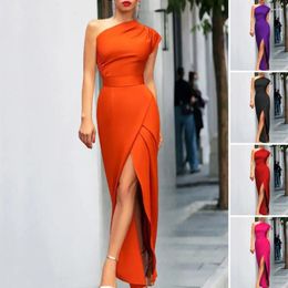 Casual Dresses Sexy Sleeveless High Split Ankle Length Pure Colour Summer Maxi Dress Oblique Neck Prom Women Clothes