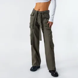 Women's Pants Women Autumn Cargo Solid Colour Low-Waist Loose Fit Casual Trousers With Multi-Pockets For Girls Grey