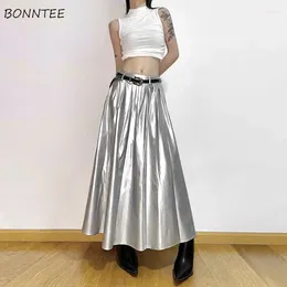 Skirts PU Ankle-length Women Streetwear Stylish Metallic Bright Color Pleated Loose High Waist A-line Simple All-match Retro