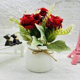 Decorative Flowers Fake Plants Colorful Artificial Scandinavian Style Potted Plant Set With Three Roses Small Turned Rimmed Pot For Home